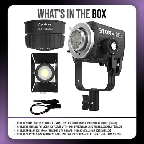 Aputure STORM 80c 80W Tunable Color Compact Point Source Black Fixture Bundle with Aputure CF4 Fresnel for Storm 80c Fixture, Aputure CF4 Barn Doors Black, and Sidus One 2-Way Splitter Cable (4 Items) in Saudi Arabia