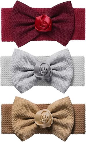 3-Piece Set Baby Headbands with Flower Decoration, Multi-Color Hair Accessories for Infants and Toddlers, 0-3 Years (Brown + Silver + Burgundy, 0-3Years) in Kuwait