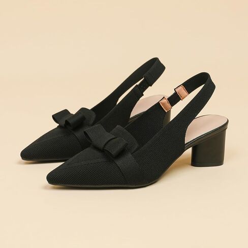Women's Knitted Bow Slingback Chunky Heel Pumps Closed Pointed Toe Slip On Low Block Heels Daily Work Office Dress Shoes in Kuwait