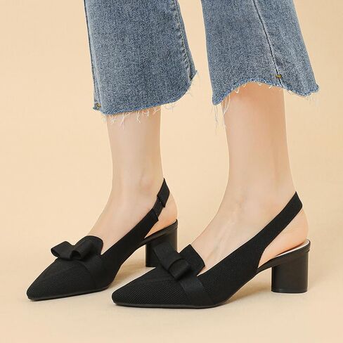 Women's Knitted Bow Slingback Chunky Heel Pumps Closed Pointed Toe Slip On Low Block Heels Daily Work Office Dress Shoes in Kuwait