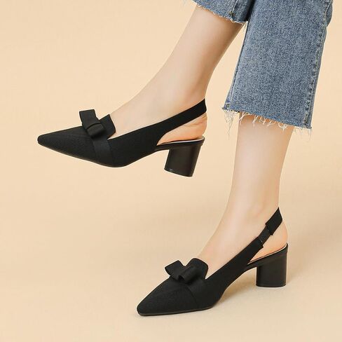 Women's Knitted Bow Slingback Chunky Heel Pumps Closed Pointed Toe Slip On Low Block Heels Daily Work Office Dress Shoes in Kuwait