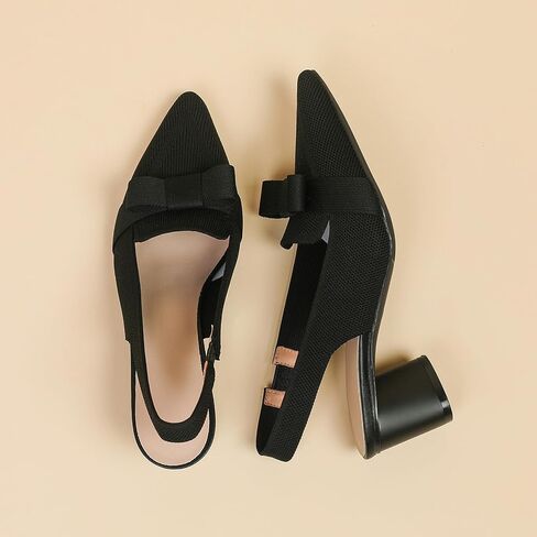 Women's Knitted Bow Slingback Chunky Heel Pumps Closed Pointed Toe Slip On Low Block Heels Daily Work Office Dress Shoes in Kuwait