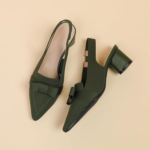 Women's Knitted Bow Slingback Chunky Heel Pumps Closed Pointed Toe Slip On Low Block Heels Daily Work Office Dress Shoes in Kuwait