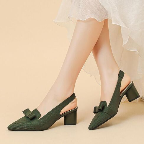 Women's Knitted Bow Slingback Chunky Heel Pumps Closed Pointed Toe Slip On Low Block Heels Daily Work Office Dress Shoes in Kuwait