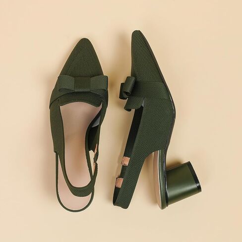 Women's Knitted Bow Slingback Chunky Heel Pumps Closed Pointed Toe Slip On Low Block Heels Daily Work Office Dress Shoes in Kuwait