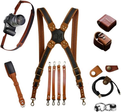 Dual Camera Leather Harness Combo Set – Full-Grain Leather Modular Carry System for DSLR and SLR, Holds 2–4 Cameras and Phone, with Neck Strap, Wrist Strap, SD Case, and Cable Ties in Saudi Arabia