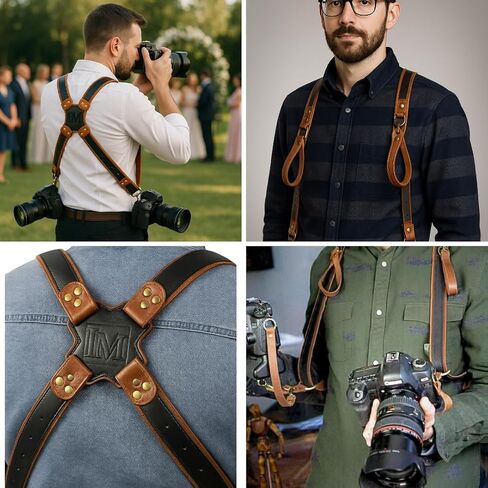 Dual Camera Leather Harness Combo Set – Full-Grain Leather Modular Carry System for DSLR and SLR, Holds 2–4 Cameras and Phone, with Neck Strap, Wrist Strap, SD Case, and Cable Ties in Saudi Arabia