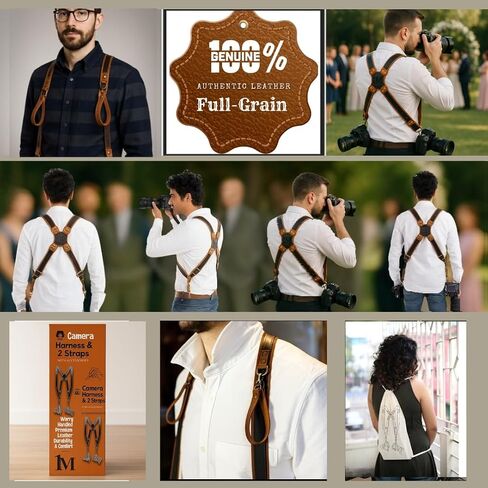 Dual Camera Leather Harness Combo Set – Full-Grain Leather Modular Carry System for DSLR and SLR, Holds 2–4 Cameras and Phone, with Neck Strap, Wrist Strap, SD Case, and Cable Ties in Saudi Arabia