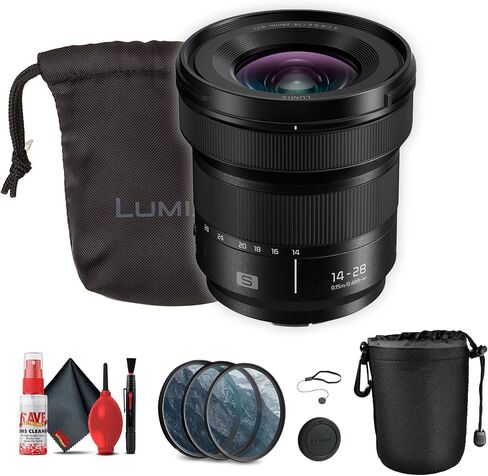 Panasonic Lumix S 14-28mm f/4.5-5.6 Lens for Leica L (S-R1428) Bundle Including: 3-Piece Filter Kit, Lens Pouch, Lens Caps, Lens Hood, Cleaning Kit, Lens Cap Keeper in Saudi Arabia