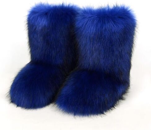 Women's Fluffy Furry Snow Boots Faux Fur Mid-Calf Flat Booties in Saudi Arabia