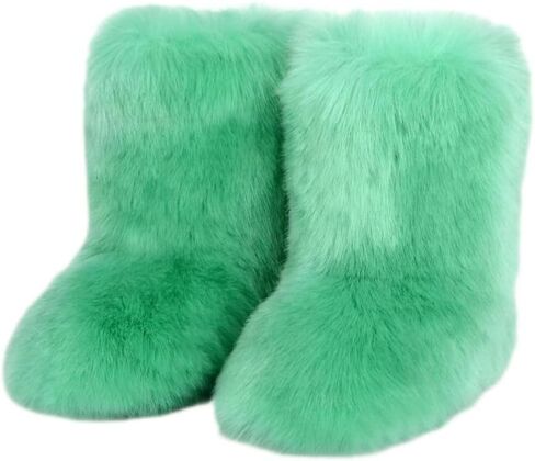 Women's Fluffy Furry Snow Boots Faux Fur Mid-Calf Flat Booties in Saudi Arabia