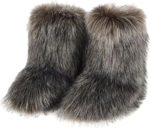 Women's Fluffy Furry Snow Boots Faux Fur Mid-Calf Flat Booties in Saudi Arabia