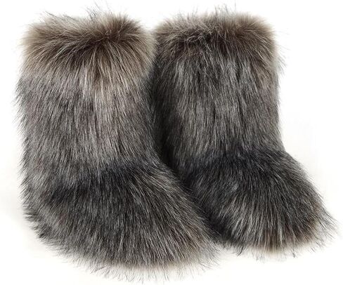 Women's Fluffy Furry Snow Boots Faux Fur Mid-Calf Flat Booties in Saudi Arabia