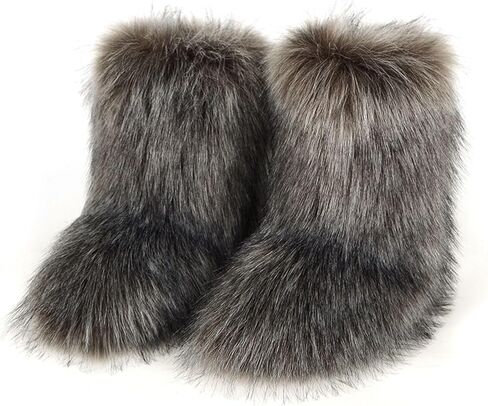 Women's Fluffy Furry Snow Boots Faux Fur Mid-Calf Flat Booties in Saudi Arabia