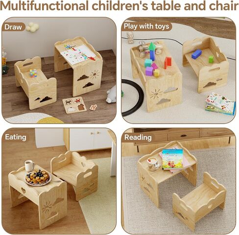 Montessori Table and Chair Set -Toddler Table and Chair Set, Wood Toddler Table and Chairs, Weaning Baby Tables Chair Set, Ldeal for Mealtime, Learning, and Play, Easy to Assemble in Saudi Arabia
