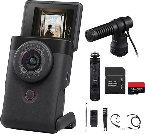 كاميرا PowerShot V10 Vlog من Canon - كاميرا تسجيل فيديو صغيرة الحجم بدقة 4K مع حامل مدمج وميكروفونات استريو وشاشة قابلة للطي (أسود) (5947C002) + حامل ثلاثي القوائم DM-E100 ميكروفون + بطاقة ذاكرة سعة 64 جيجابايت in Kuwait