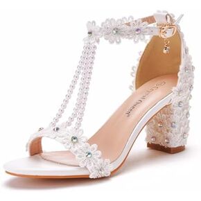 Woman Embroidered Flower Chunky High Heel Fish Mouth Sandals with Adjust Ankle Strap Color Beads Fashion Elegant Block Heel Open Toe Bride Pumps for Wedding Party Dress in Saudi Arabia