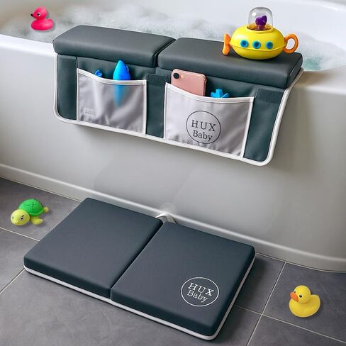 Comfortable Baby Bath Kneeler and Elbow Rest Pad Set, Non-Slip Bathtub Kneeling Pad for Bathing Baby, Bath Tub Cushion Mat, Elbow Pads, Toy Organizer Storage Pockets, Strong Suction Cups, Dark Gray in Saudi Arabia