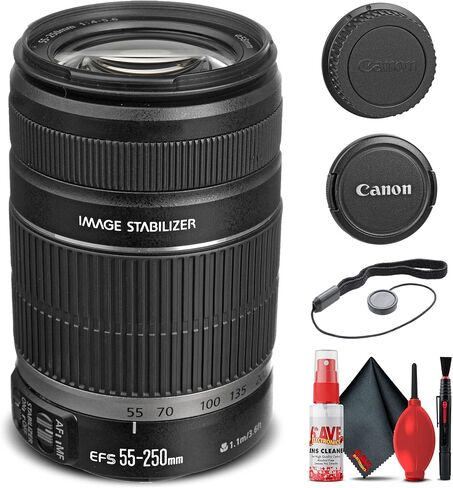 عدسة Canon EF-S 55-250mm f/4-5.6 is II (5123B006) + طقم فلتر + حافظة للغطاء + طقم تنظيف + المزيد (متجدد) in Saudi Arabia
