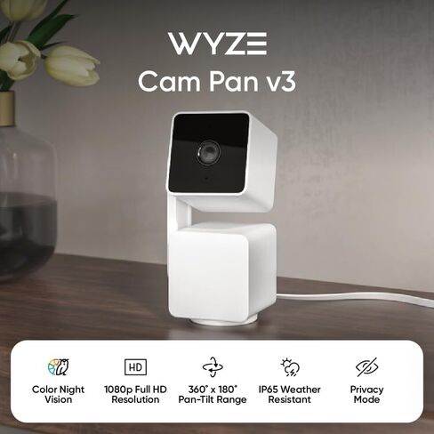 كاميرا WYZE Cam Pan v3، داخلية/خارجية IP65-Rated 1080p Pan/Tilt/Zoom Wi-Fi Smart Home Security Camera مع رؤية ليلية ملونة، صوت ثنائي الاتجاه، متوافق مع Alexa وGoogle Assistant (متجدد) in Kuwait