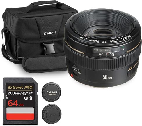 عدسة كانون EF 50 ملم f/1.4 USM | برايم قياسي ساطع مع فتحة f/1.4 سريعة وتركيز تلقائي سلس | مثالية للصور الشخصية والتصوير الفوتوغرافي في الإضاءة المنخفضة وتصوير الشوارع واليومي (2515A003) + حقيبة كتف + بطاقة سعة 64 جيجابايت in Saudi Arabia