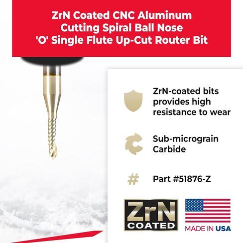 أداة Amana Tool 51876-Z CNC SC Spiral O قطعة فلوت كروية واحدة من الألومنيوم قطع 1/16 R x 1/8 D x 1/4 SHK x 2 بوصة طويلة القطع مطلية بالزر N مع لمسة نهائية مرآة in Saudi Arabia