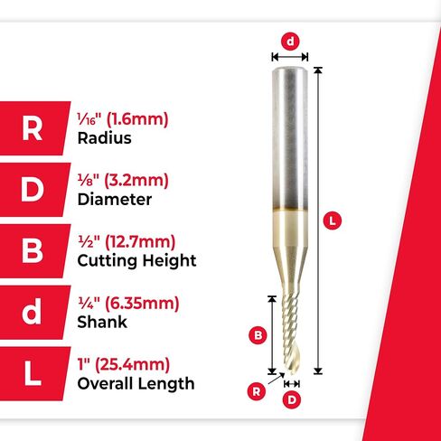 أداة Amana Tool 51876-Z CNC SC Spiral O قطعة فلوت كروية واحدة من الألومنيوم قطع 1/16 R x 1/8 D x 1/4 SHK x 2 بوصة طويلة القطع مطلية بالزر N مع لمسة نهائية مرآة in Saudi Arabia