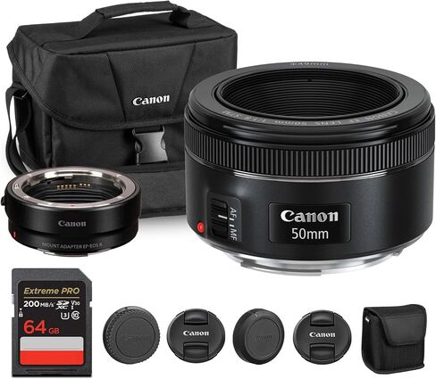 Canon EF 50mm f/1.8 STM Lens| Compact Standard Prime with Bright f/1.8 Aperture & Smooth STM Autofocus| For Portraits, Low-Light, & Everyday Photography (0570C002) + Adapter EF-EOS R + Bag + 64GB Card in Saudi Arabia