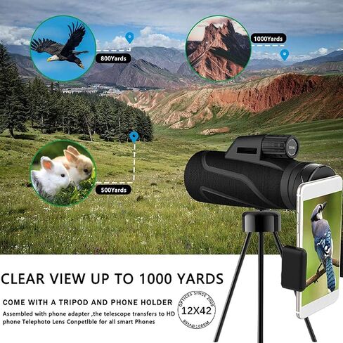 Monocular Telescope, 10x42 Monocular Telescope, High Power BAK4 Prism Lens Monocular Compact HD Life Waterproof Monocular with Smartphone Adapter and Tripod for Adult Bird Watching Outdoor in Saudi Arabia