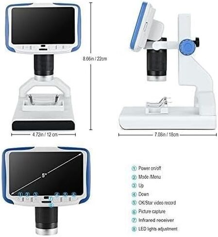 200X Digital Electron Microscope, 5" LCD Screen, 2MP Sensor, 8 LED Lights, Adjustable Stand for Soldering & Watch Repair in Kuwait