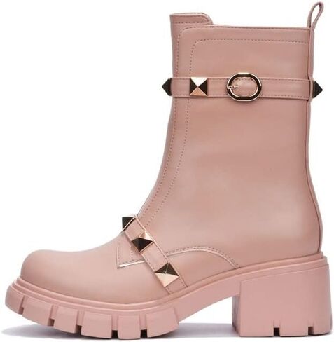 Cape Robbin Yuri Grey Gold Embellished Buckle Strap Block Chunky Heel Moto Boots in Saudi Arabia
