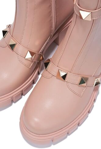 Cape Robbin Yuri Grey Gold Embellished Buckle Strap Block Chunky Heel Moto Boots in Saudi Arabia