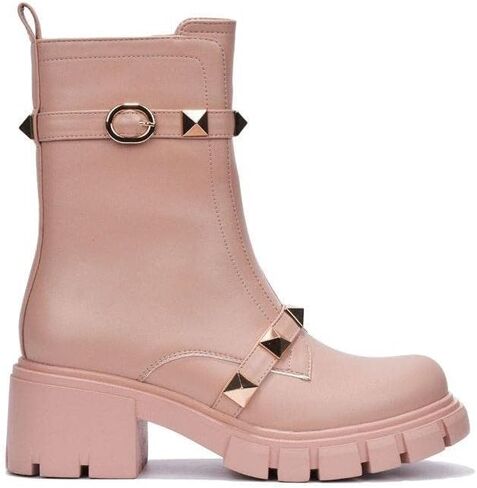Cape Robbin Yuri Grey Gold Embellished Buckle Strap Block Chunky Heel Moto Boots in Saudi Arabia