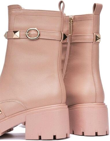 Cape Robbin Yuri Grey Gold Embellished Buckle Strap Block Chunky Heel Moto Boots in Saudi Arabia