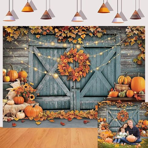Fall Thanksgiving Backdrop Rustic Barn Door Autumn Pumpkin Harvest Photography Background Maple Leaves Garland Friendsgiving Family Party Decorations Photo Props (7x5FT) in Saudi Arabia