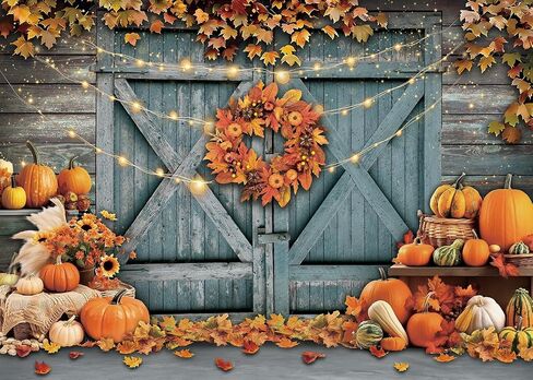 Fall Thanksgiving Backdrop Rustic Barn Door Autumn Pumpkin Harvest Photography Background Maple Leaves Garland Friendsgiving Family Party Decorations Photo Props (7x5FT) in Saudi Arabia