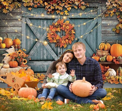 Fall Thanksgiving Backdrop Rustic Barn Door Autumn Pumpkin Harvest Photography Background Maple Leaves Garland Friendsgiving Family Party Decorations Photo Props (7x5FT) in Saudi Arabia