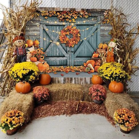 Fall Thanksgiving Backdrop Rustic Barn Door Autumn Pumpkin Harvest Photography Background Maple Leaves Garland Friendsgiving Family Party Decorations Photo Props (7x5FT) in Saudi Arabia