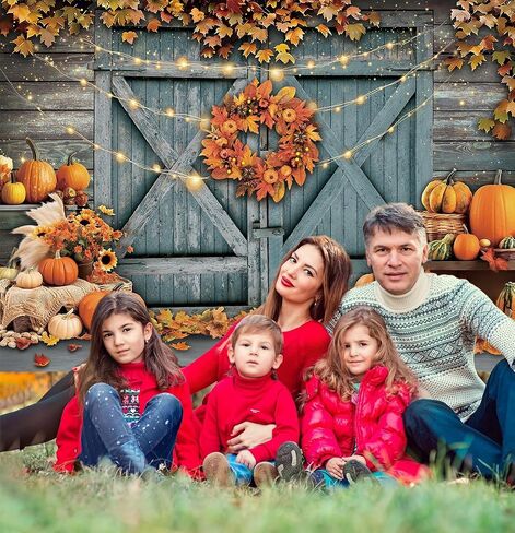 Fall Thanksgiving Backdrop Rustic Barn Door Autumn Pumpkin Harvest Photography Background Maple Leaves Garland Friendsgiving Family Party Decorations Photo Props (7x5FT) in Saudi Arabia