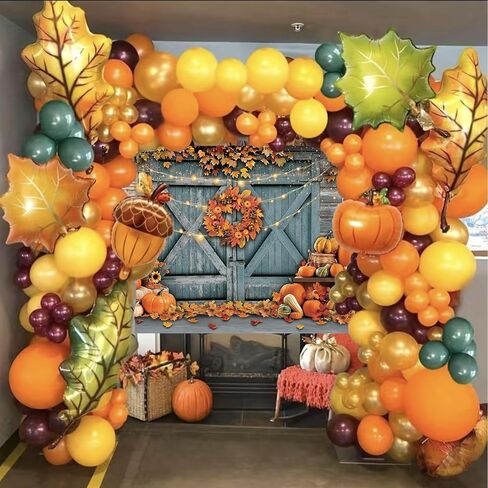 Fall Thanksgiving Backdrop Rustic Barn Door Autumn Pumpkin Harvest Photography Background Maple Leaves Garland Friendsgiving Family Party Decorations Photo Props (7x5FT) in Saudi Arabia