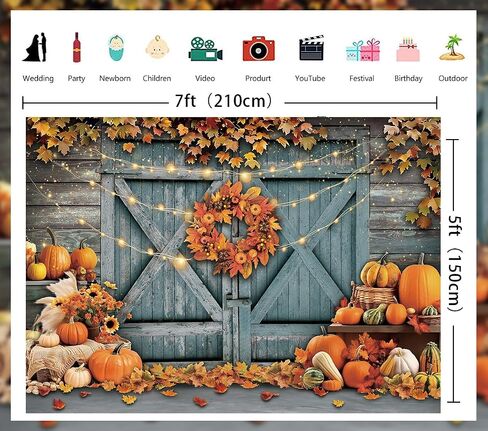 Fall Thanksgiving Backdrop Rustic Barn Door Autumn Pumpkin Harvest Photography Background Maple Leaves Garland Friendsgiving Family Party Decorations Photo Props (7x5FT) in Saudi Arabia