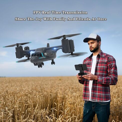 طائرة بدون طيار LM19 مع كاميرا عالية الدقة، طائرة هليكوبتر عسكرية RC V22 Osprey RC، 2.4G 4CH RC كوادكوبتر مع فيديو مباشر واي فاي، مفتاح واحد للإقلاع/الهبوط، RTF، طائرات بدون طيار FPV للبالغين، بطاريتان (720 بكسل) in Kuwait