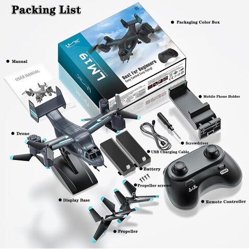 طائرة بدون طيار LM19 مع كاميرا عالية الدقة، طائرة هليكوبتر عسكرية RC V22 Osprey RC، 2.4G 4CH RC كوادكوبتر مع فيديو مباشر واي فاي، مفتاح واحد للإقلاع/الهبوط، RTF، طائرات بدون طيار FPV للبالغين، بطاريتان (720 بكسل) in Kuwait