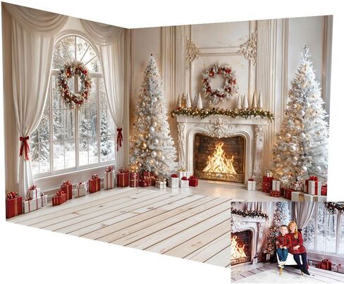 Christmas Fireplace Backdrop White Tree Background Room Set in Saudi Arabia