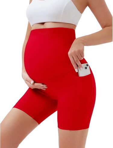 Women's 5" Maternity Yoga Shorts Over The Belly Pregnancy Workout Biker Under Dress Shorts with Pockets in Saudi Arabia