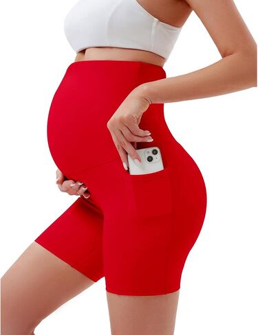 Women's 5" Maternity Yoga Shorts Over The Belly Pregnancy Workout Biker Under Dress Shorts with Pockets in Saudi Arabia