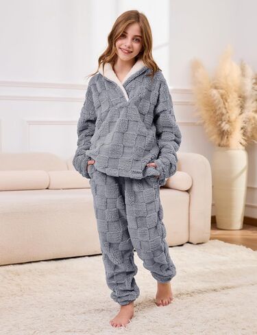 Lentta Girls Fleece Pants Sets Fuzzy 2 Piece Outfits Casual Warm Pullover Top Sweatshirt Sweatsuit with Pockets 5-14Y in Saudi Arabia
