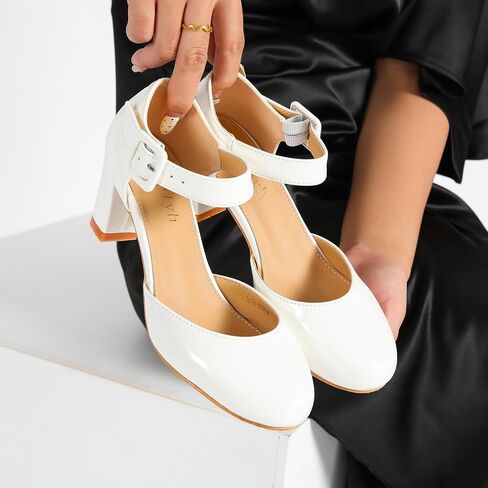 Women's Vintage Mary Janes Shoes Cutout Chunky Heels Closed Toe Ankle Strap Office Work Pumps Dress Shoes in Saudi Arabia