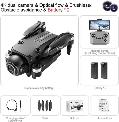 Drones with Camera Brushless Motor Drone for Adult Beginner HD Camera Optical Flow Positioning 150° Electrically Adjustable Foldable Gesture Photo Mini RC Quadcopter 2 Battery FPV Drones I5 Pro (Black) in Kuwait