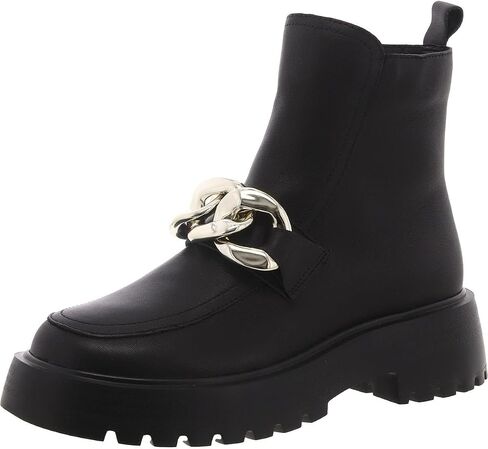 Steve Madden Cleo Black Leather Chunky Lug Sole Curb Chain Round Toe Ankle Boots in Saudi Arabia